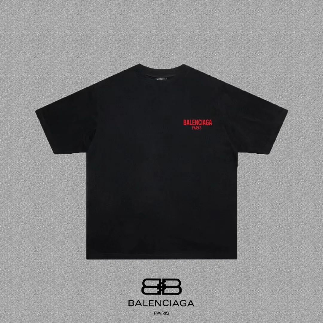P80✨🔥 BALENCIAGA Paris lettering printed short-sleeved T-shirt, custom-woven and dyed 280g combed cotton heavyweight fabric, zero color difference in thread, perfect details, different from the current version on the market, welcome to compare, Same Style for men and women, must-sell in the picture above Color: White Black Size: 1 2 3 4